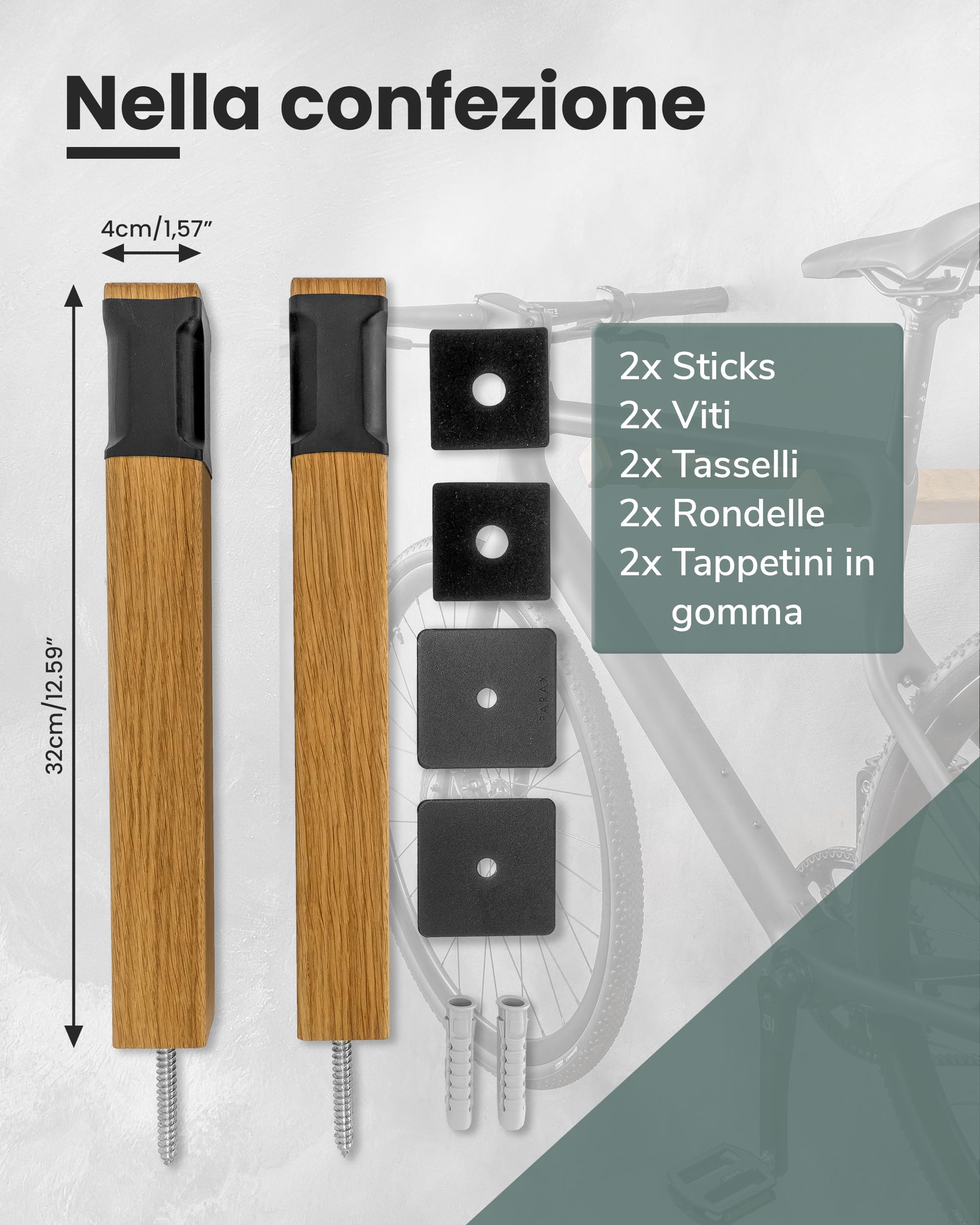 PARAX Supporto da parete per bicicletta, in legno e tubo per bicicletta, bastoncini per portabici fino a 20 kg, per interni e biciclette
