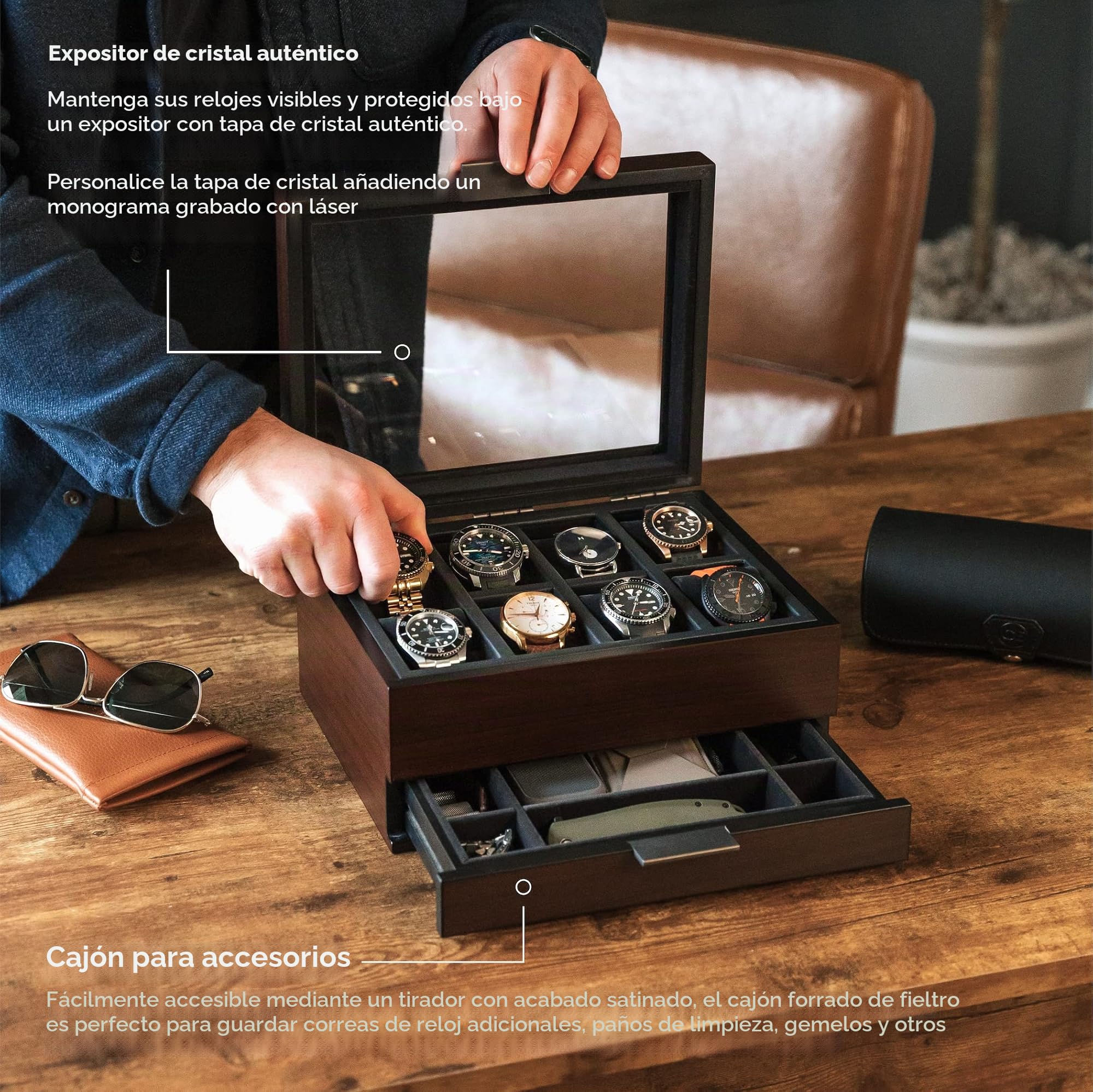 CASE ELEGANCE Caja organizadora de reloj con 8 ranuras para hombres, acabado de madera de cerezo y nogal, caja de exhibición de reloj, bandeja de valet modular, marrón | Caja de reloj, construcción de madera, bandeja modular para valet