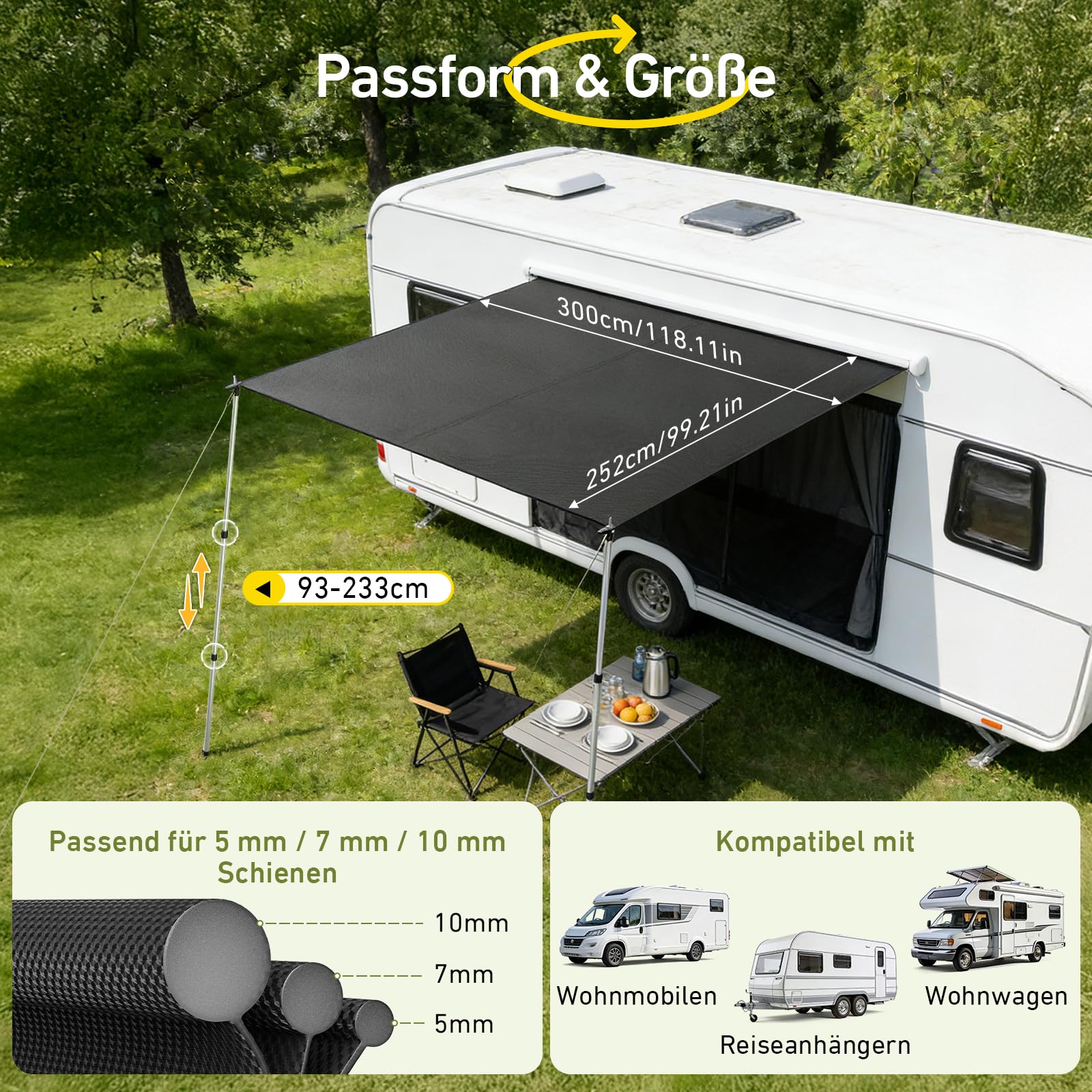 Sonnensegel Wohnwagen mit Keder 3 x 2,5 m, Markise mit Stangen, 3000mm Wasserdicht & UPF 50+ Schutz, Kederschiene 5/7/10 mm, Vorzelt Plane für Camper Wohnmobil