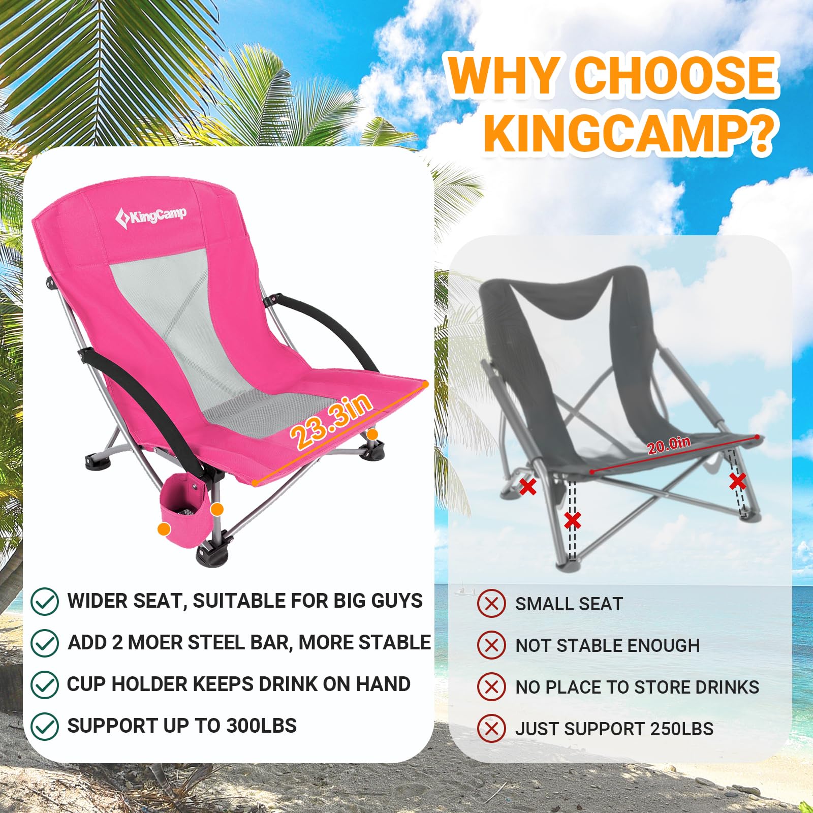 KingCamp Chaise de plage basse, pliable, portable, légère, sac à dos pour adultes avec porte-gobelet, sac de transport pour camping, concert, festival, voyage, sport, pelouse, sable, rose