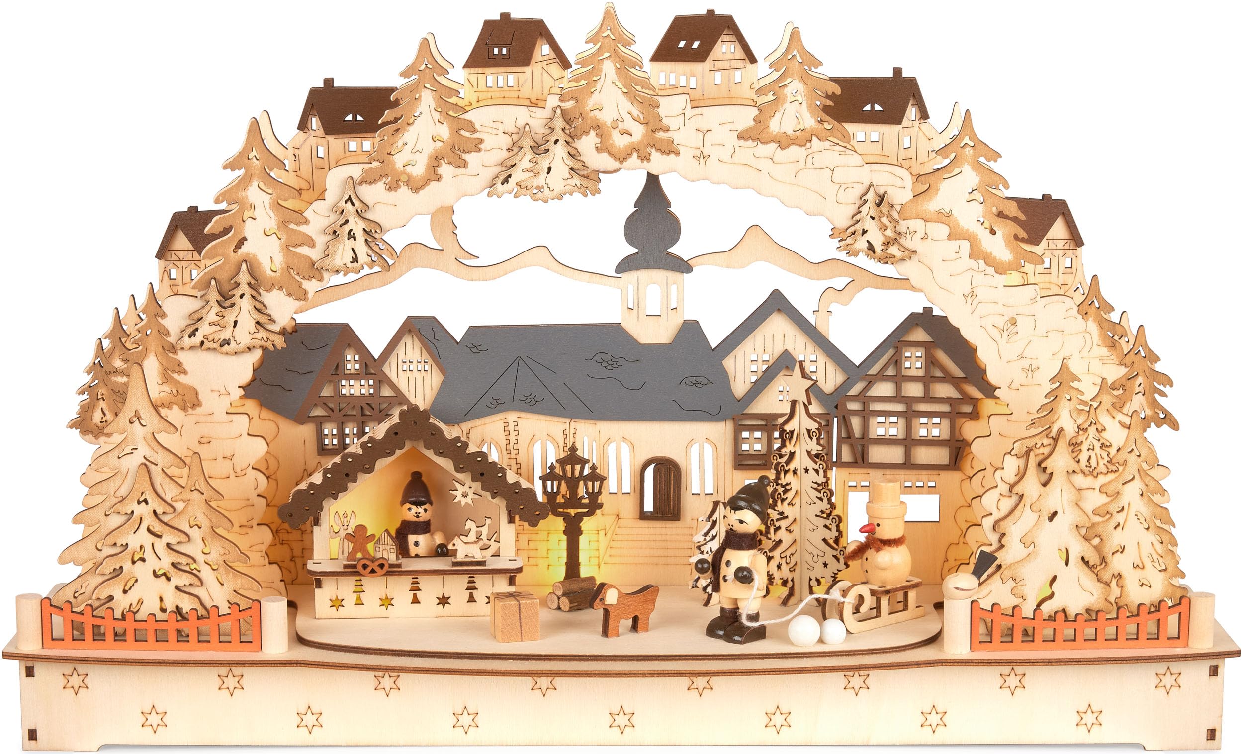 Brubaker 3D Lichterbogen - LED Schwibbogen - Großes Weihnachtsdorf 2026 - Weihnachtsbeleuchtung aus Holz Natur - 27 x 45 x 12 cm - Handbemalte Figuren - Weihnachtsdeko für Tisch & Fenster