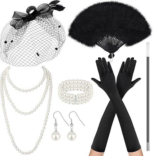 Juego de accesorios para disfraz de fiesta de té, sombrero funerario negro con ventilador de velo y guantes de satén para disfraz de mujer de