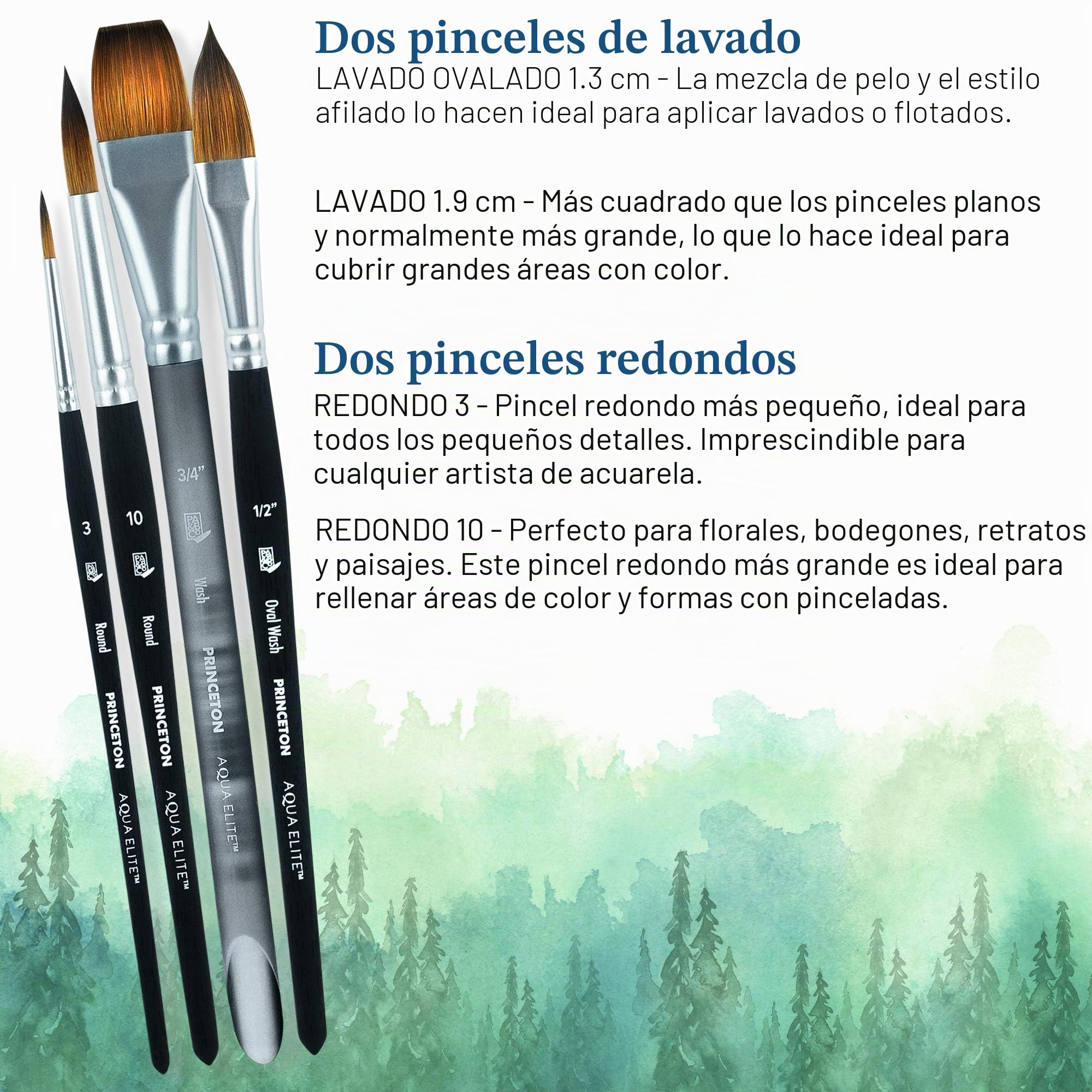 Princeton Artist Brush Co. Aqua Elite - Pinceles Profesionales de Acuarela Serie 4850, Juego de 4 Pinceles sintéticos para Acuarela Kolinsky Sable, Pinceles de Acuarela o Gouache, Pinceles de Pintura