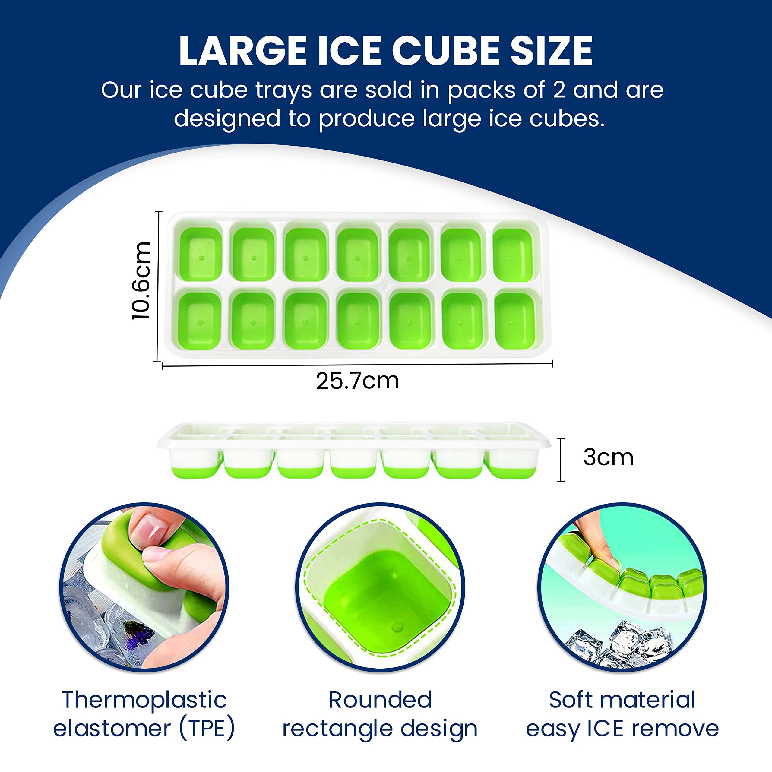 CUQOO Silicone Ice Cube Trays 2 Pack Easy Release BPA Free Freezer Moulds Food Grade Odour Resistant Reusable Ice Trays Green