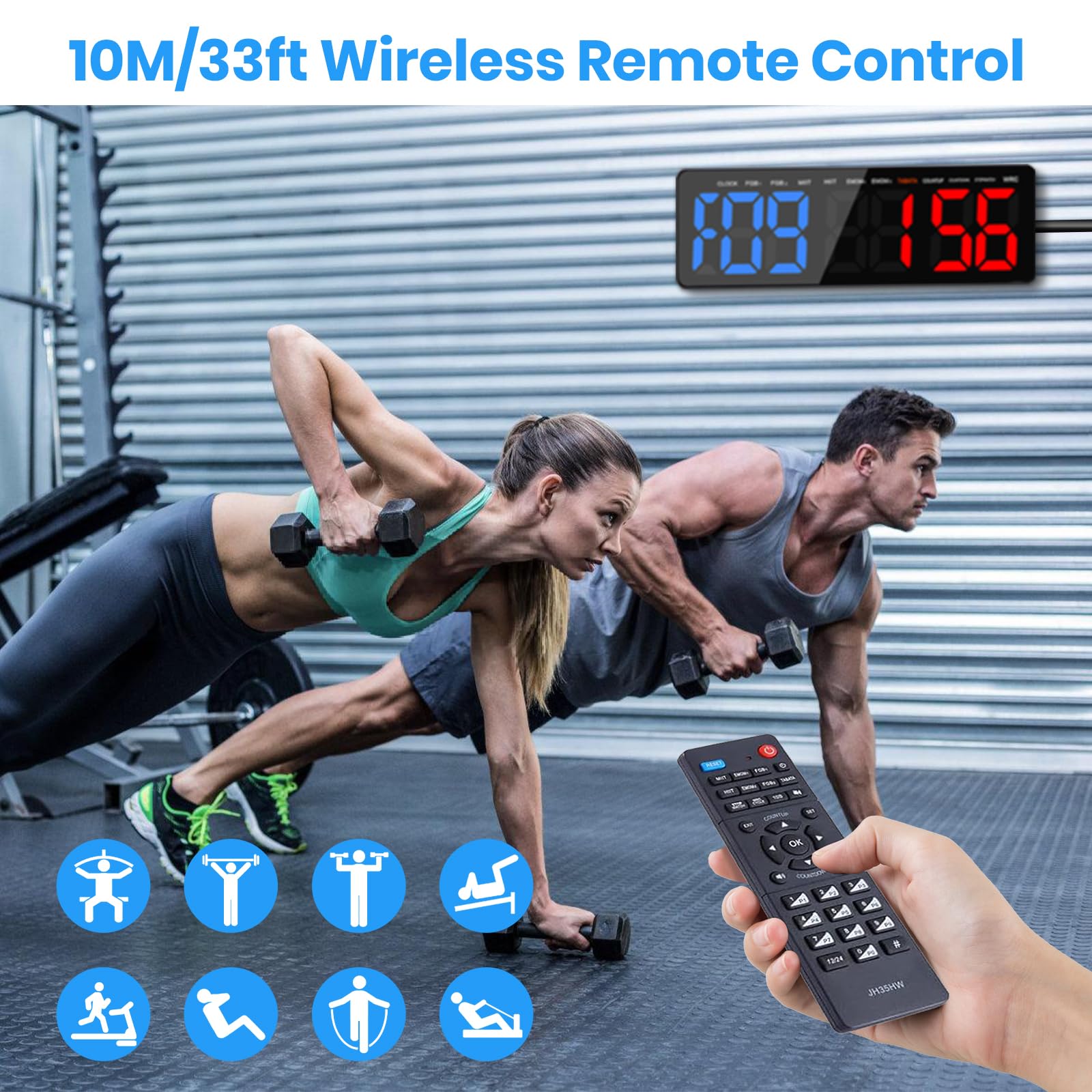 Temporizador de Gimnasio, 16.5" Grande Reloj de Pared Digital Temporizador de Intervalo LED con Countdown & Up Cronómetro, Brillo & Volumen Ajustable, Gym Timer con Control Remoto para Casa