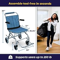 Vista 4 de Silla de ruedas plegable con bolsa de transporte Drive Medical, súper liviana, azul
