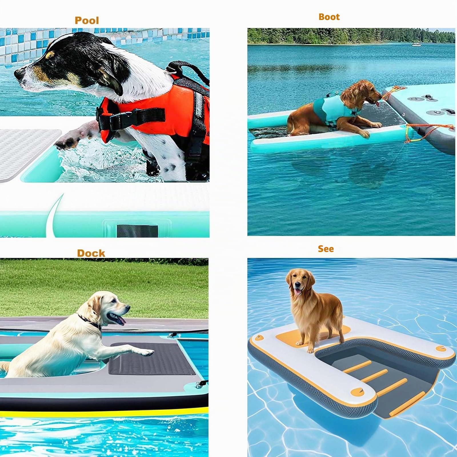 Hunderampe Aufblasbare Hunde Wasserrampe, Hundeboot Rampe Schwimmende Dock Leiter für Pool, Boot, See, rutschfeste Eva-Schwimmleiter für Hunde bis zu 100 kg tragbarer Hundesteg mit Pumpe
