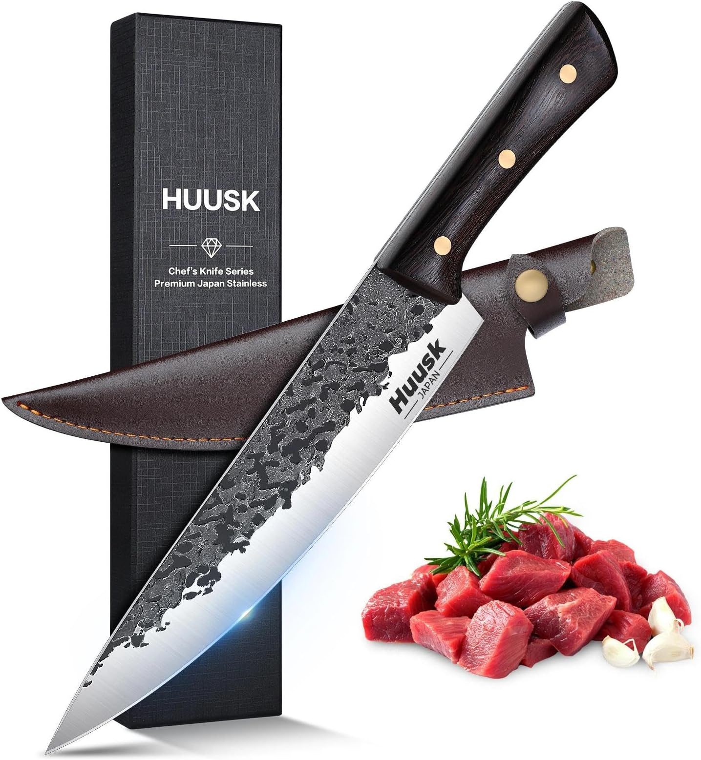 Huusk 8-inch Chef Knife from Japan, Professional Hand Forged Kitchen Knives, Japanese Gyutou Chef Knives, High Carbon Steel Cooking Knife for Meat Sushi Vegetables, Gift for Men and Women