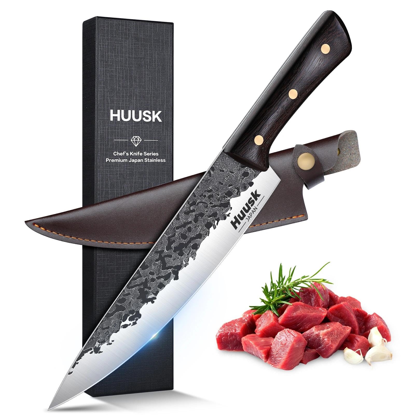 Huusk 8-inch Chef Knife from Japan, Professional Hand Forged Kitchen Knives, Japanese Gyutou Chef Knives, High Carbon Steel Cooking Knife for Meat Sushi Vegetables, Gift for Men and Women