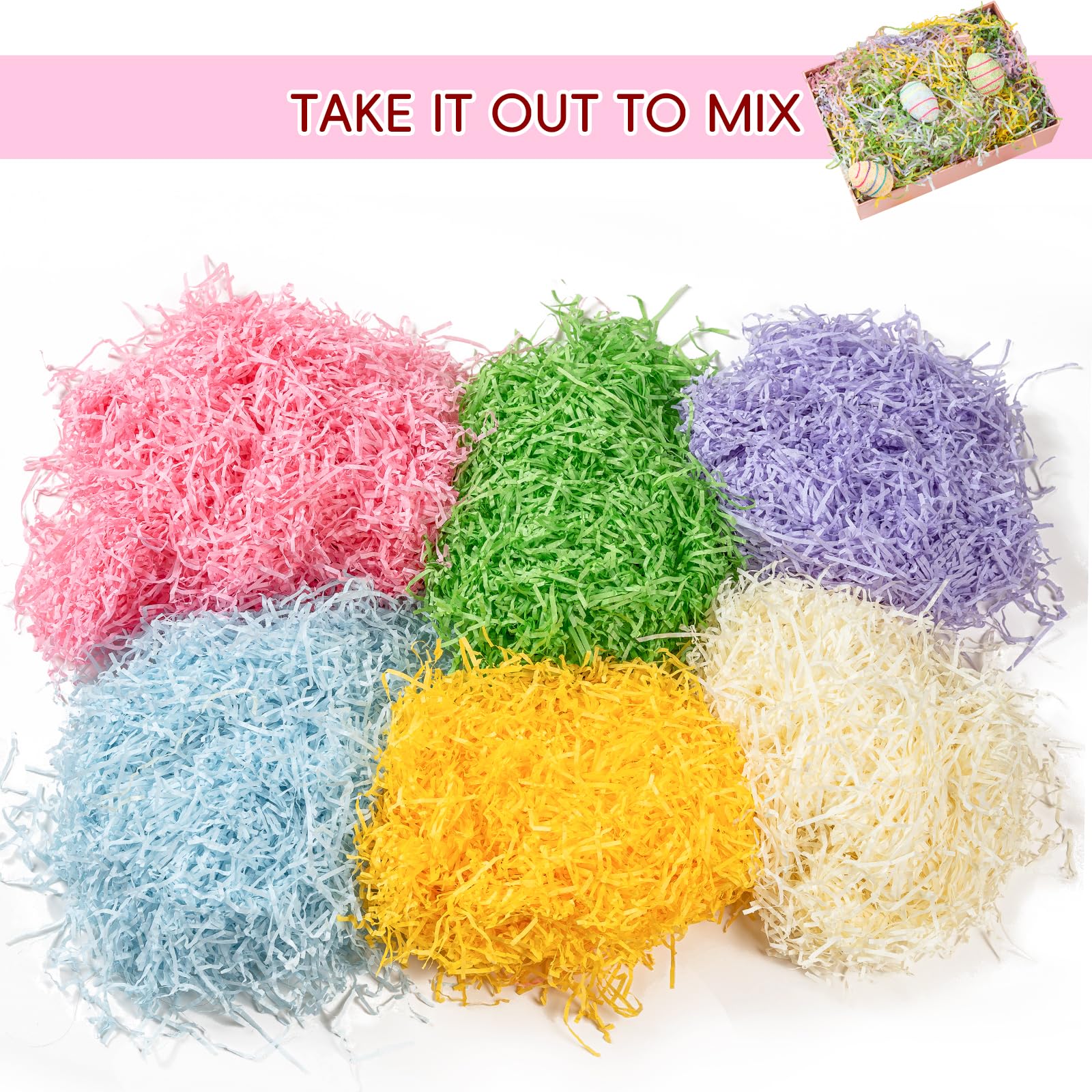 CIPOWM Riempitrice di carta sminuzzata con erba pasquale da 350 ml, 6 colori, per riempire carta di rafia increspata per confezioni regalo pasquali, sacchetti per riempire cesti e forniture per feste