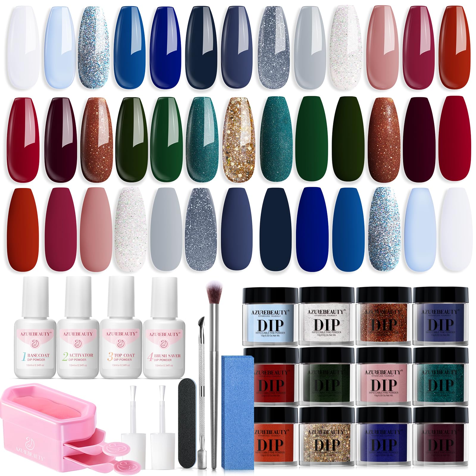 Dip Powder Nail Kit Starter Summer Blue Red Green Glitter 31 Pcs 20 Colors Dipping Powder Liquid Set with Top/Base Coat Activator for French Nails Art DIY Salon Gift