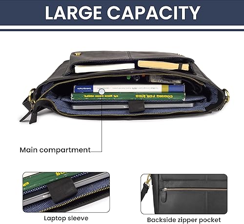 Miniatura 4 de LEATHER VILLAGE Bolso bandolera de cuero vintage, bolso hecho a mano de 15.5 pulgadas para hombres y mujeres, bolso de hombro para oficina, viajes y