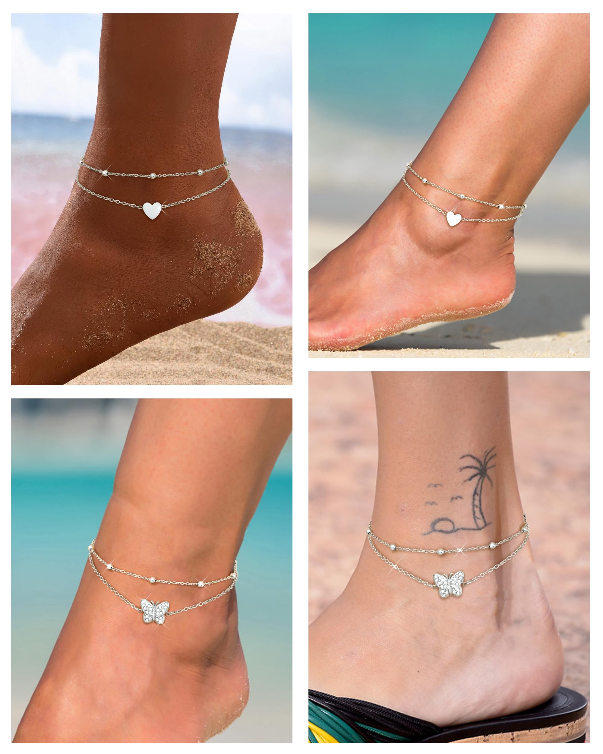 YADOCA Cavigliere Donna Argento Regolabile Farfalla Cuore Doppie Cavigliere Spiaggia Piede Gioielli Cavigliera Regali per Donne Ragazze Adolescenti (con Confezione Regalo)