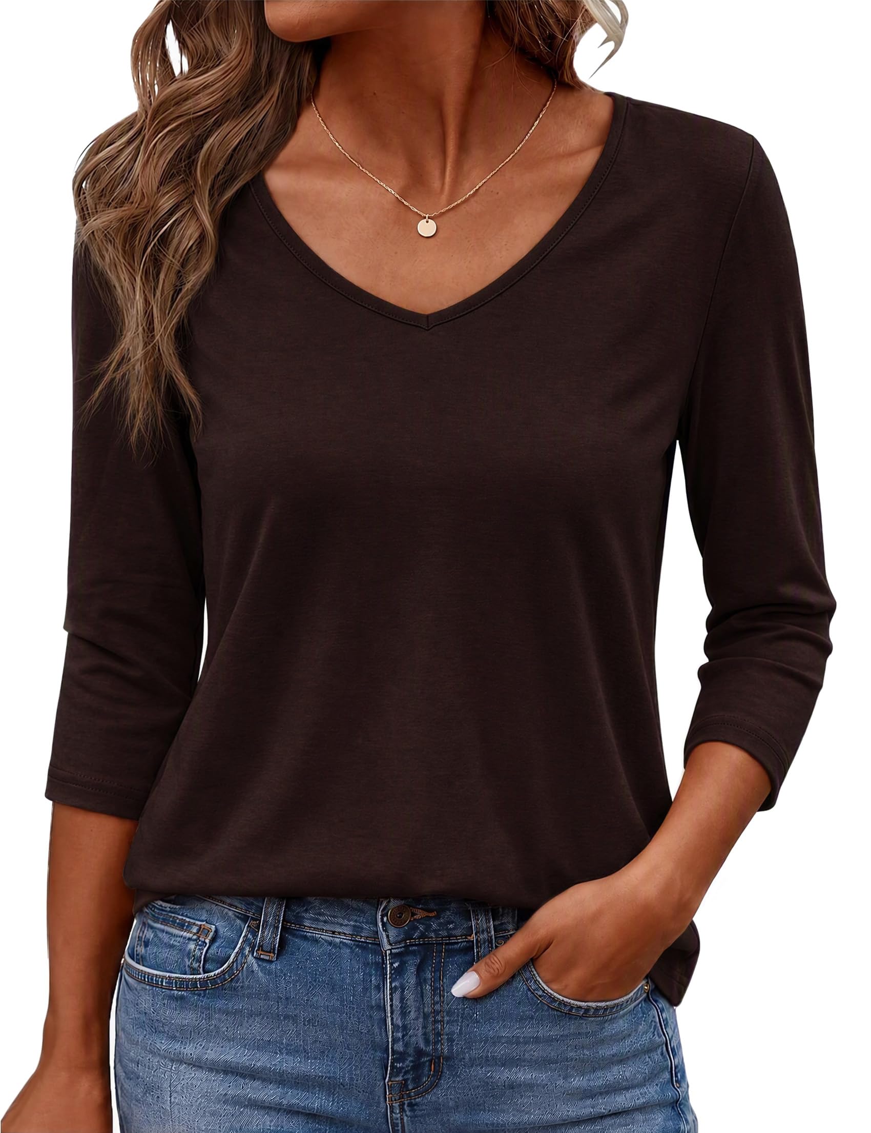 Terecey Damen T-Shirt 3/4 Arm V-Ausschnitt Locker Oberteile Basic S-XXL | Elegant Einfarbig Frauen Blusenshirt , 65 % Polyester, 35 % Baumwolle, Locker für Frühling und Sommer, Stretch Lässig Top