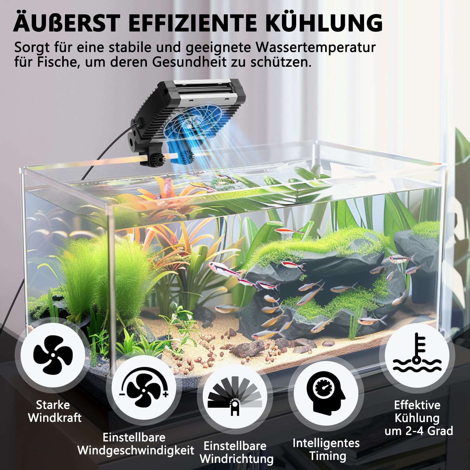 Fishkeeper Ventilador de acuario, Enfriador de acuario, Velocidad de aire ajustable y temporizador, Ventilador de acuario silencioso para acuarios de agua dulce y salada hasta 30 cm