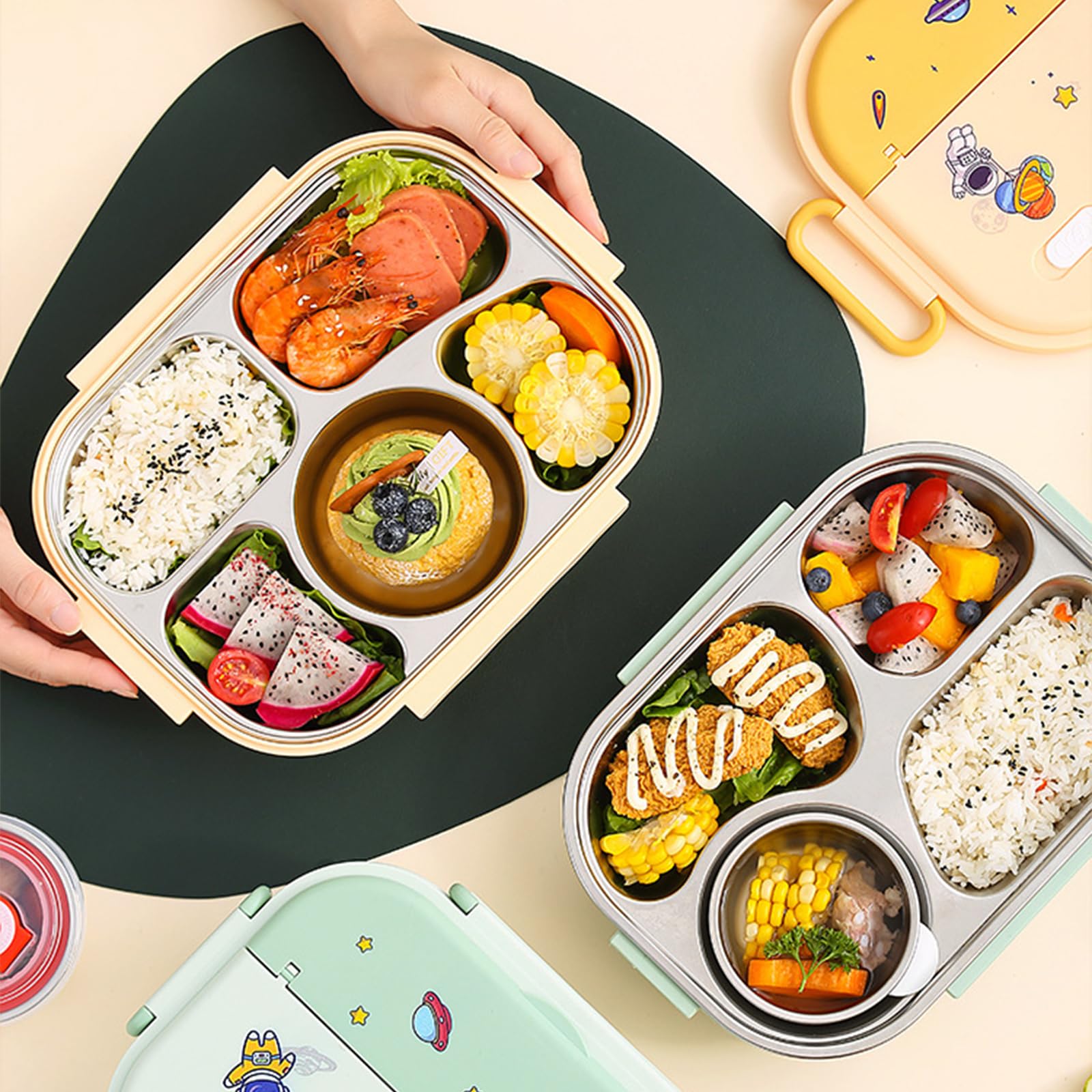 Boîte à bento pour enfants, jolie boîte à déjeuner imprimée pour l'école, récipient alimentaire à 5 compartiments (vert)