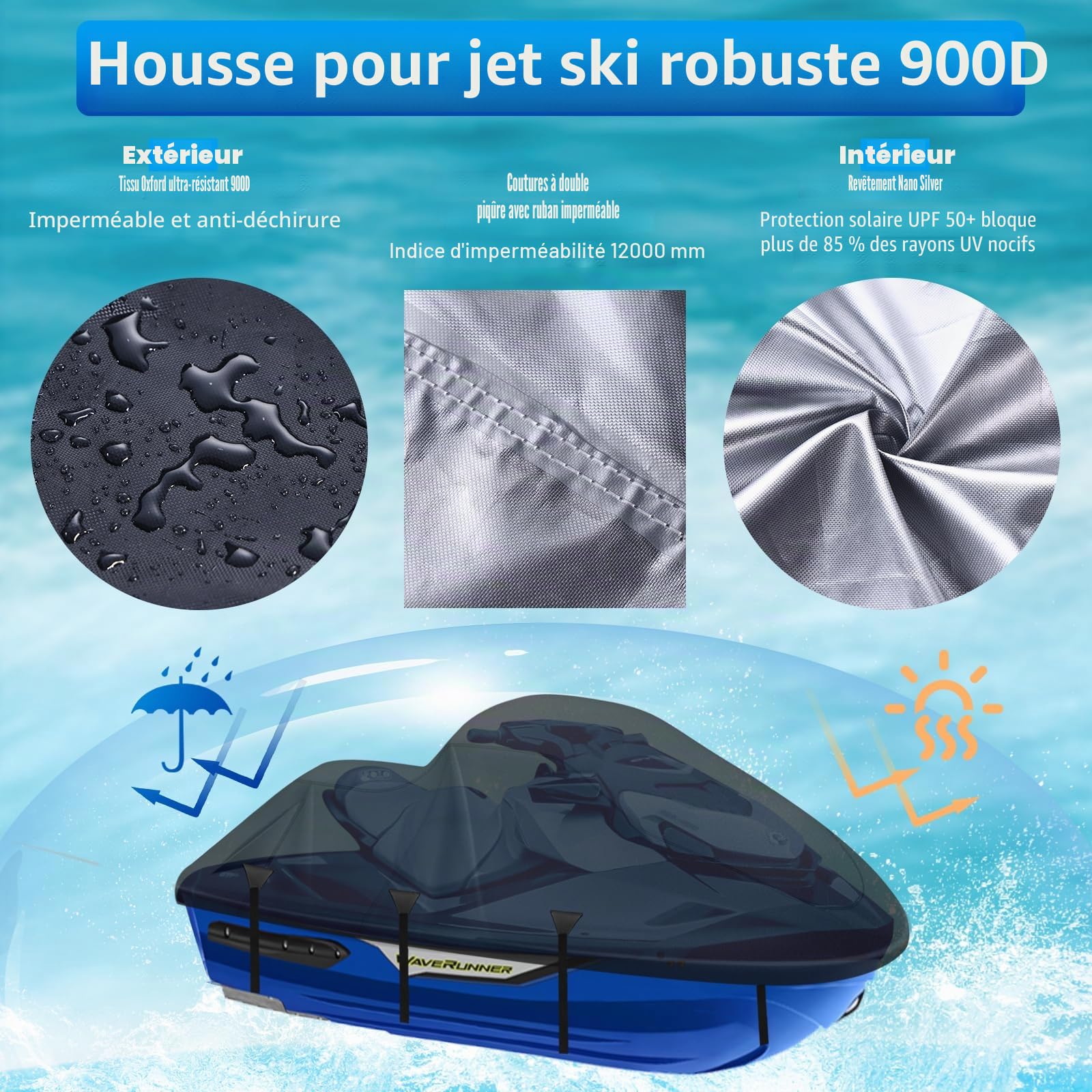 Housse pour Jet Ski 3 places, housse de protection pour jet ski 900D Seadoo, revêtement nano argent imperméable, boucles de protection contre le vent améliorées avec renfort en tissu triangulaire