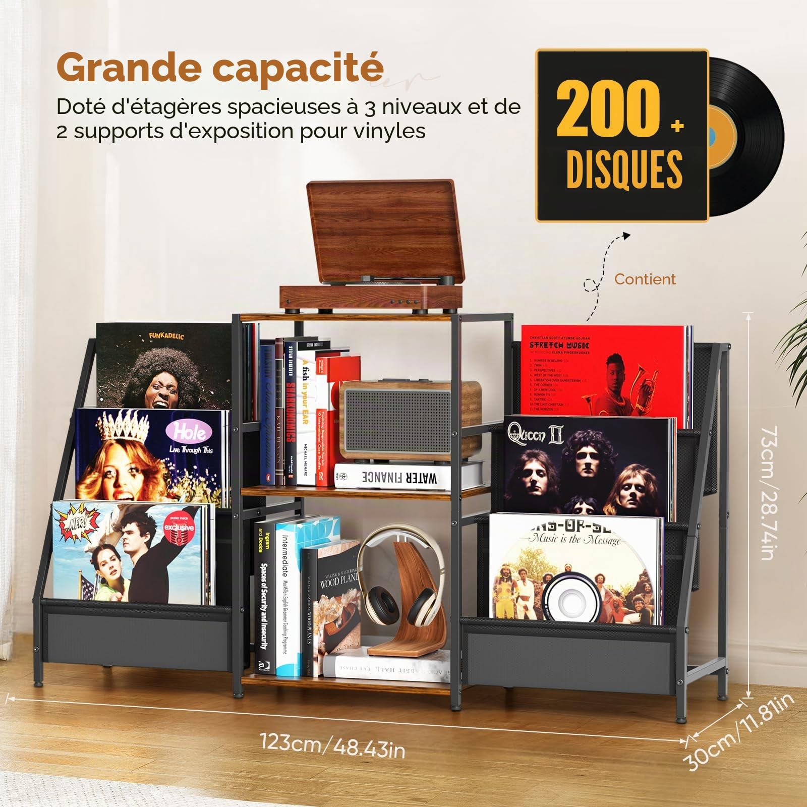 Support pour tourne-disques, table d'appoint à 3 niveaux, rangement de disques vinyles jusqu'à 200 albums, 123 x 30 x 73 cm, support de table tournante pour l'affichage et le rangement dans