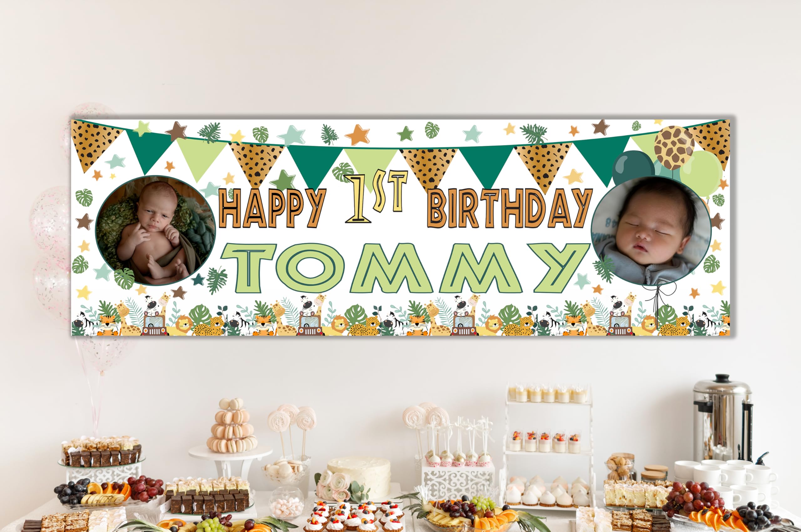Large Personalised 1st Birthday Backdrop First Birthday Banner for Boys Girls Customised with Name Age Photo Party Decorations Blue Pink 2nd Outdoor (Safari Green, 6x2ft - Indoor Banner Paper) — image 1