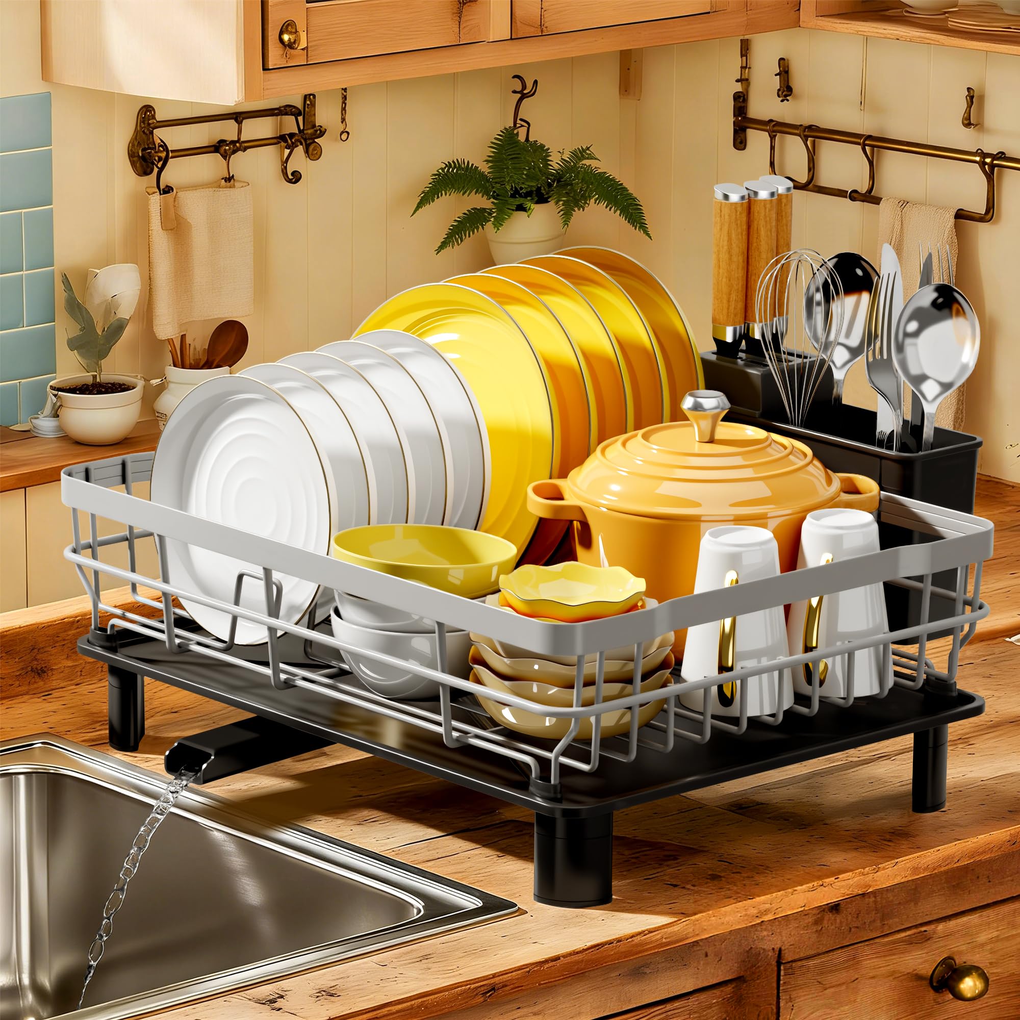 MOUKABAL Dish Drying Rack with Drainboard for Kitchen Counter, Grey