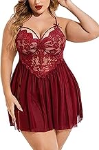Plus Size Lingerie Lace Babydoll Womens Strap Chemise Nightgown V Neck Nighty Mesh Sleepwear Side Slit Nightdress with G-Sting Panty