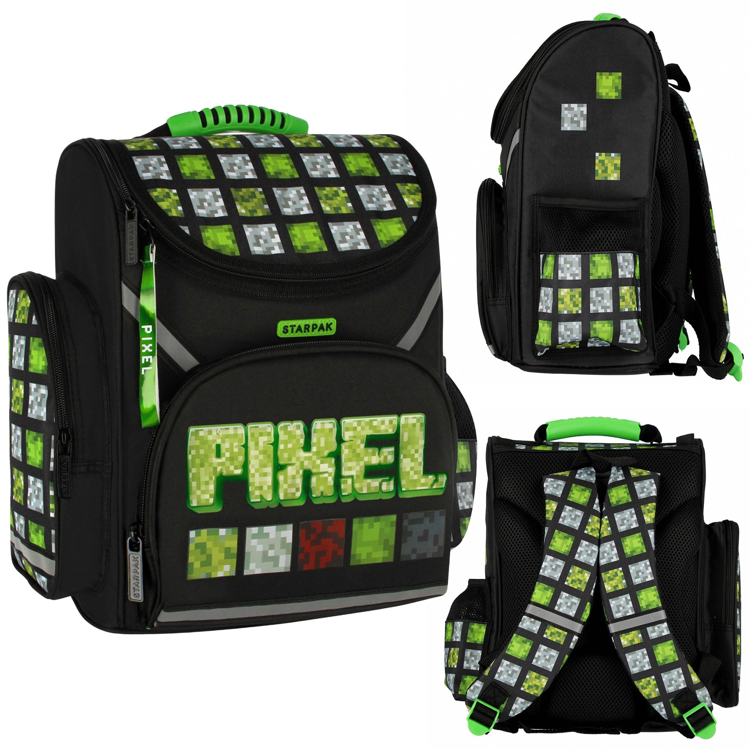 sarcia.eu Pixel Game schwarz-grüner Schulrucksack für Jungen, Schulranzen 37x32x20cm