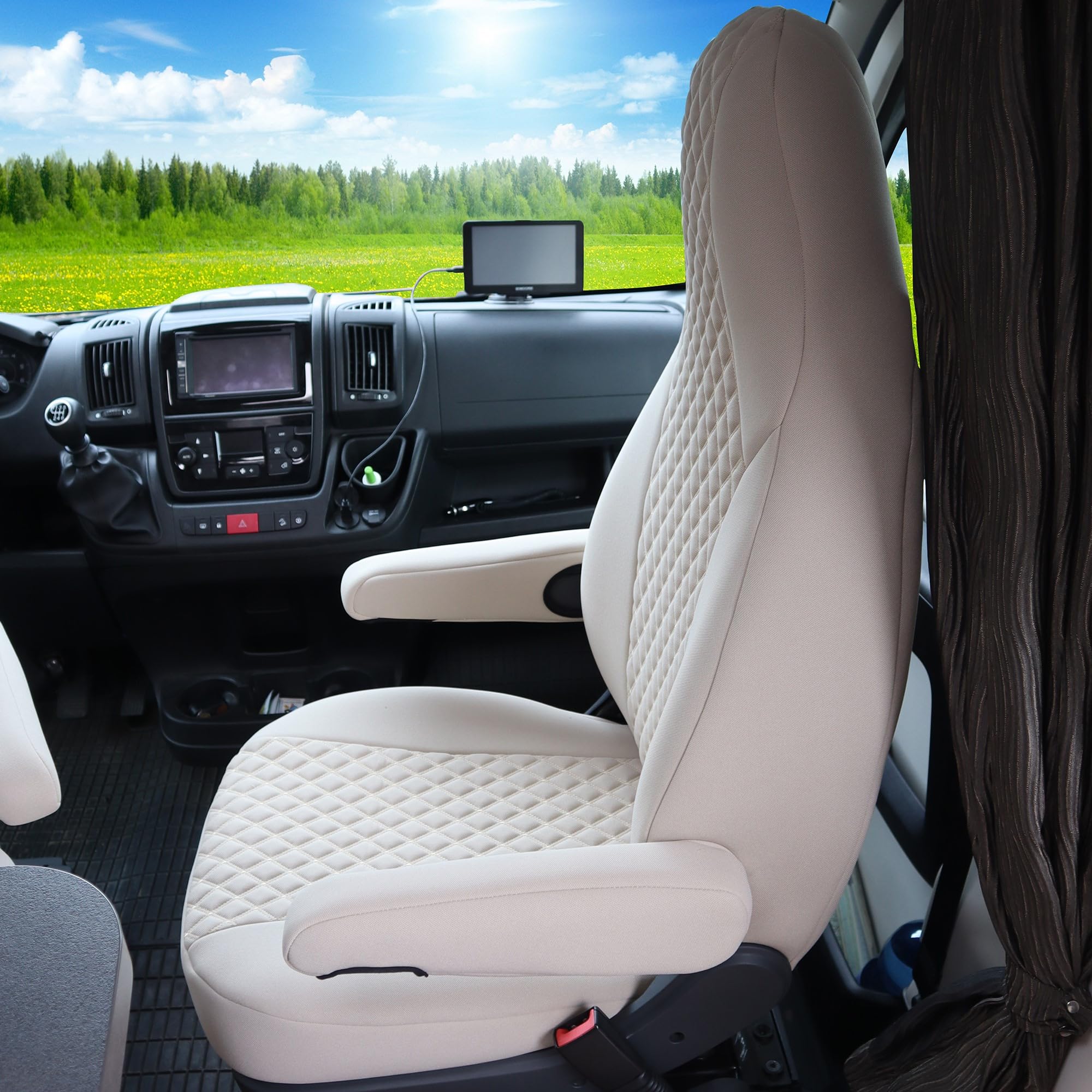 BREMER SITZBEZÜGE Coprisedili per pilota, compatibili con camper Hymer Ducato, accessori per camper | Set di 2 coprisedili con braccioli in beige | WMS705