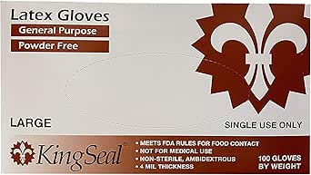KingSeal Latex General Purpose Gloves, Powder Free, 4 mil, Non-Medical Uses Only - 1 or 4 Box Bundle or 10 Box Master Case