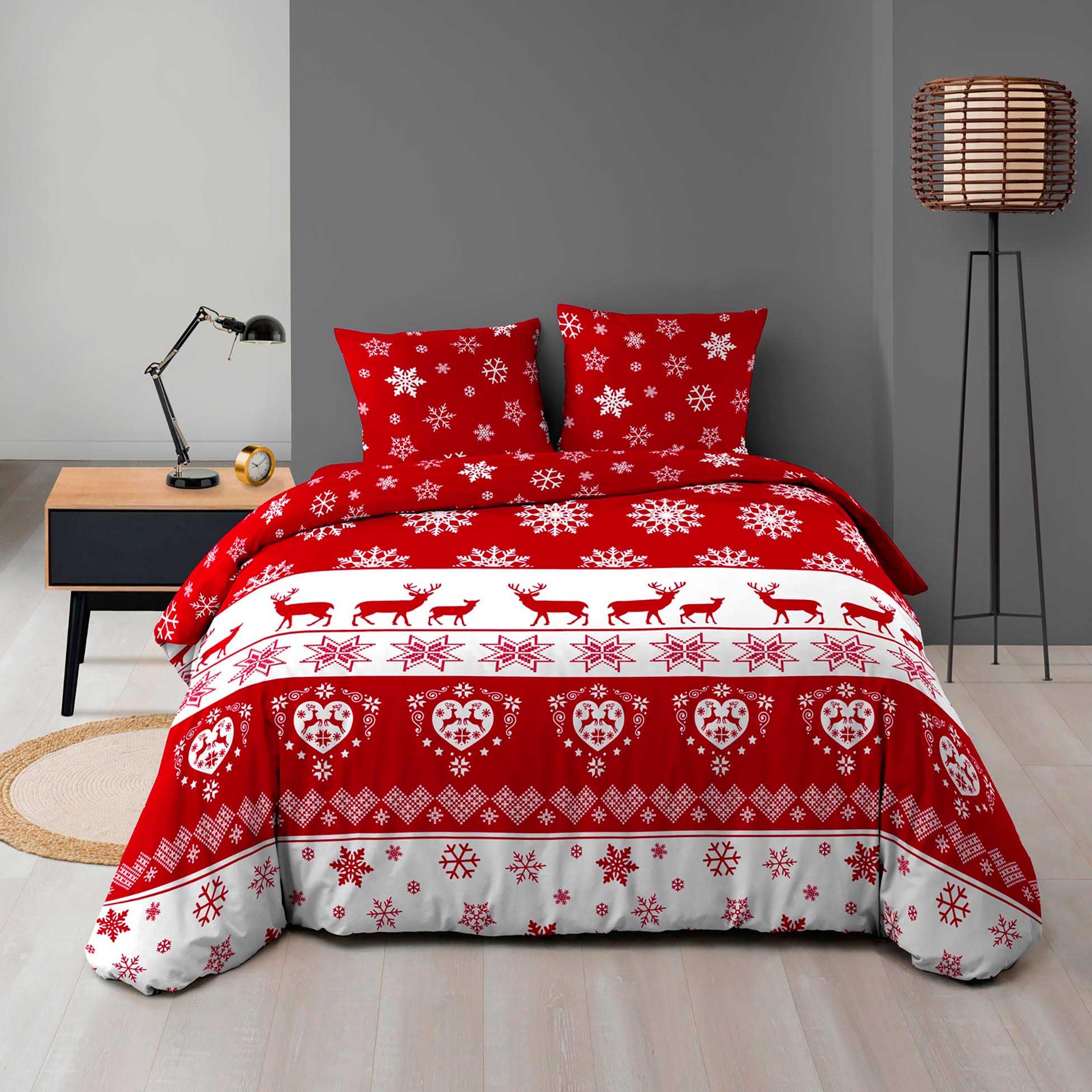 Parure de lit 3 pièces 240x220 cm en microfibre flanelle rouge Floconette