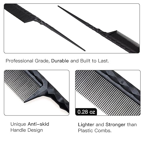 Miniatura 4 de PERFEHAIR Peines de cola de rata resistentes al calor para alisar con plancha plana, 2 peines de fibra de carbono antiestáticos para mujeres,