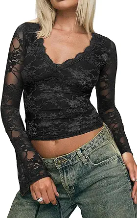 INFITTY Women's Lace Bell Sleeve Crop Tops V-Neck Long Sleeve Shirts Double Lined Slim Fit Blouses Outfits