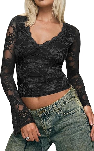 INFITTY Women's Lace Bell Sleeve Crop Tops V-Neck Long Sleeve Shirts Double Lined Slim Fit Blouses Outfits