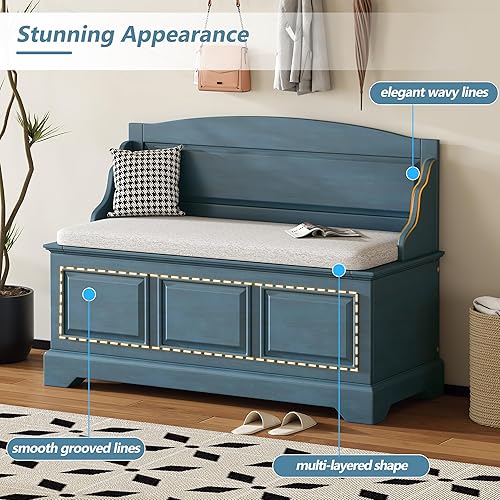 Miniatura 25 de P PURLOVE Banco de almacenamiento de estilo rústico de 42 pulgadas con bisagra de seguridad, banco de almacenamiento multifuncional de madera maciza