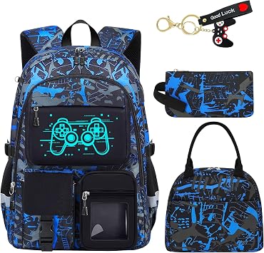 School Backpack for Boys - 4pcs Gamer Boys Backpack with Lunch Box Set for Kids Teens Elementary Middle High School - 18" Large Capacity School Bookbag with Multiple Pockets