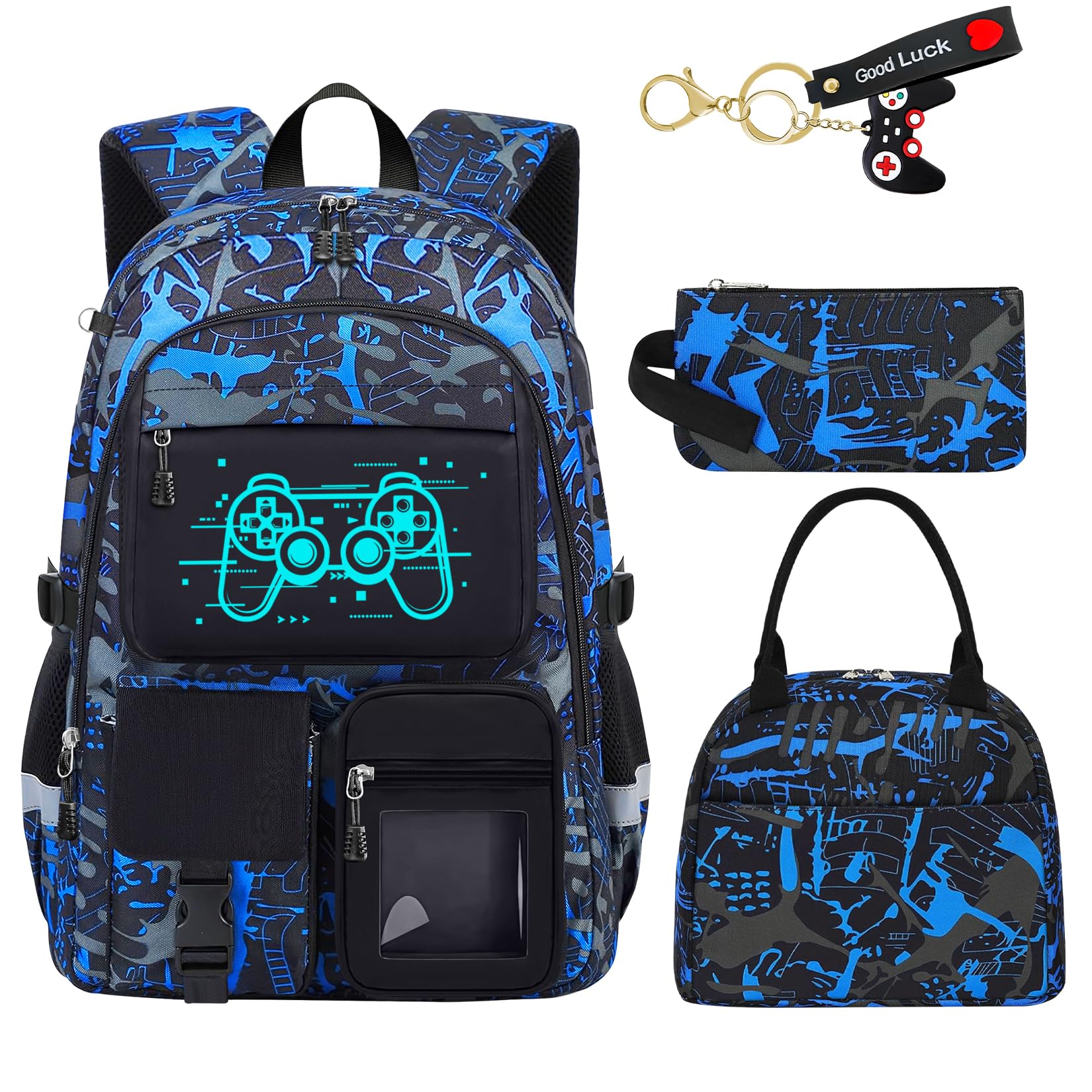 Fitvc School Backpack for Boys - 4pcs Gamer Boys Backpack with Lunch Box Set for Kids Teens Elementary Middle High School - 18" Large Capacity School
