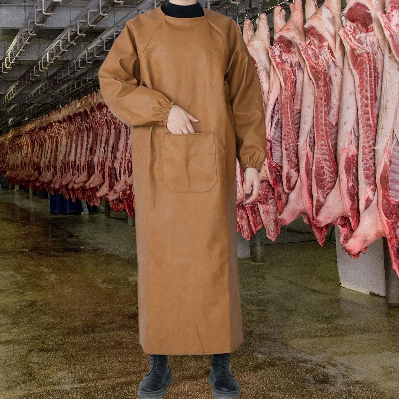 misppro Tablier de travail imperméable en cuir synthétique résistant au feu - Tablier de protection à manches longues avec poches pour soudeurs, forgerons, menuiserie - Marron