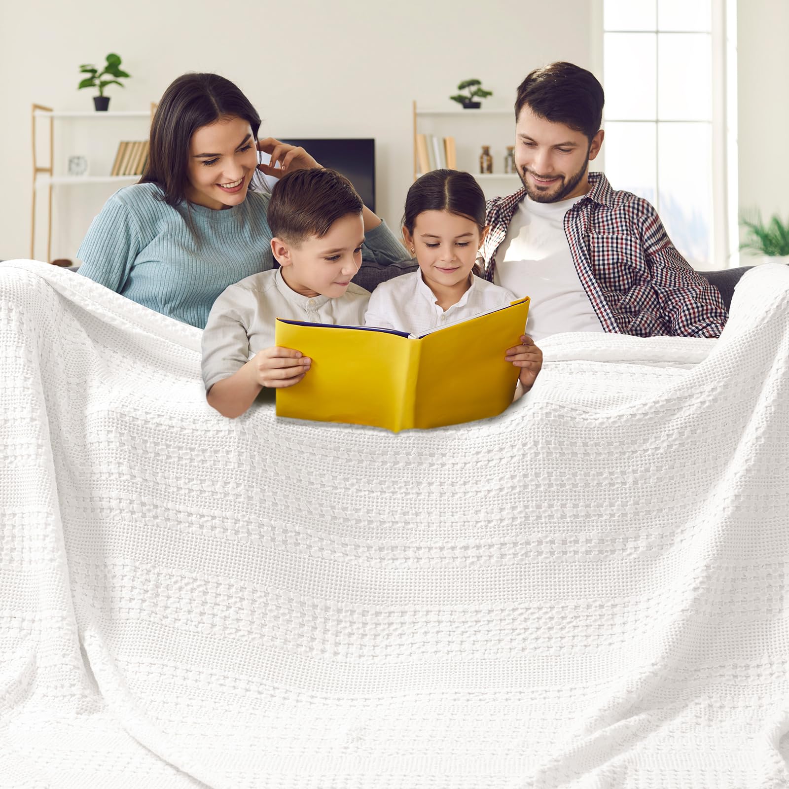 phf 100% cotton waffle blanket oversized king 120"x120", lightweight breathable extra large 10'x10' blankets for bed, giant big luxury aesthetic woven bedding for home decor, white