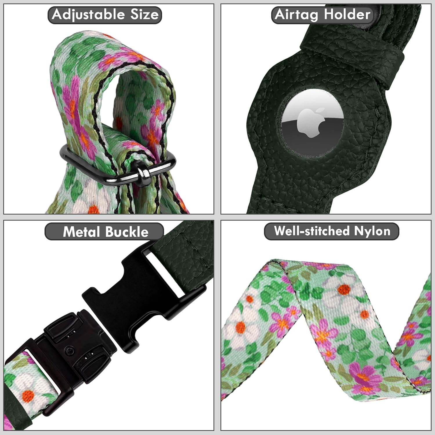 AirTag Dog Collar with Metal Buckle - Printed Nylon Soft Leather Dog Collar with Apple AirTag Holder - Secure Tracking GPS Pet Collars for Girl Boy Small Large Dogs (L, 17"-21" Neck Fit, Floral)