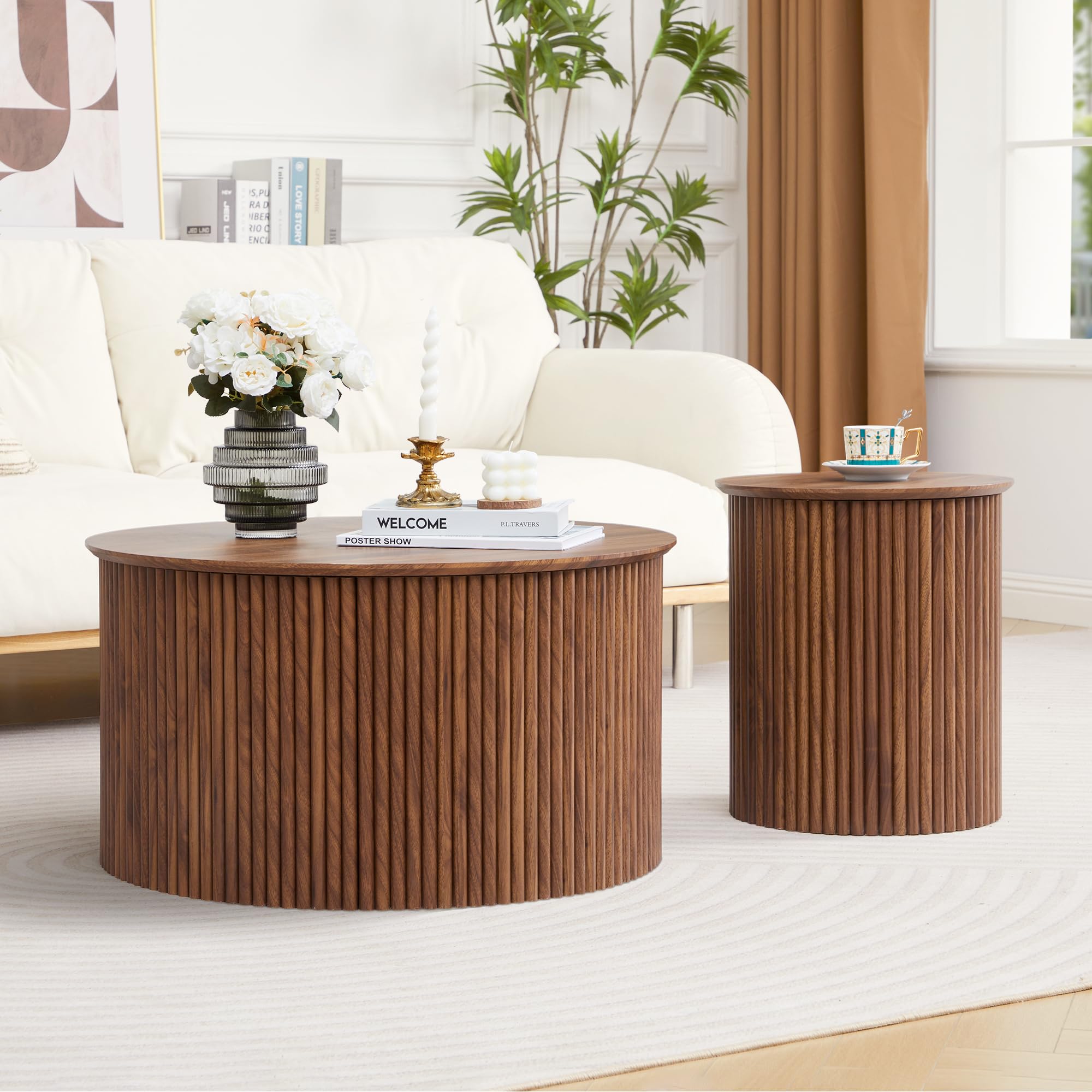AVZEAR fluted round nesting coffee table set of 2 in walnut finish with minimalist mid-century design