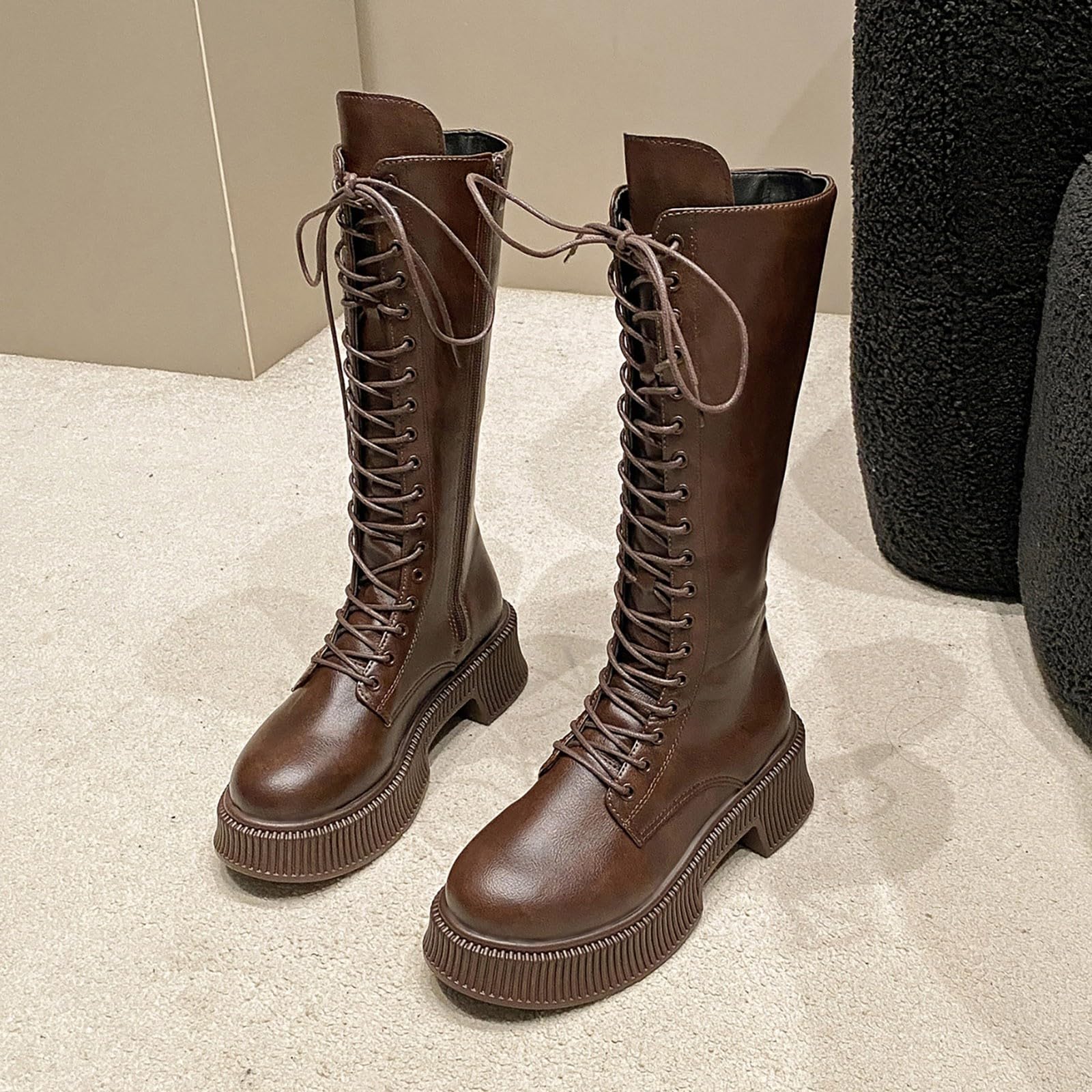 Stivali alti al ginocchio, da donna, con plateau lungo, da moto, con tacco piatto, con chiusura a strappo, in pelle, per autunno e inverno