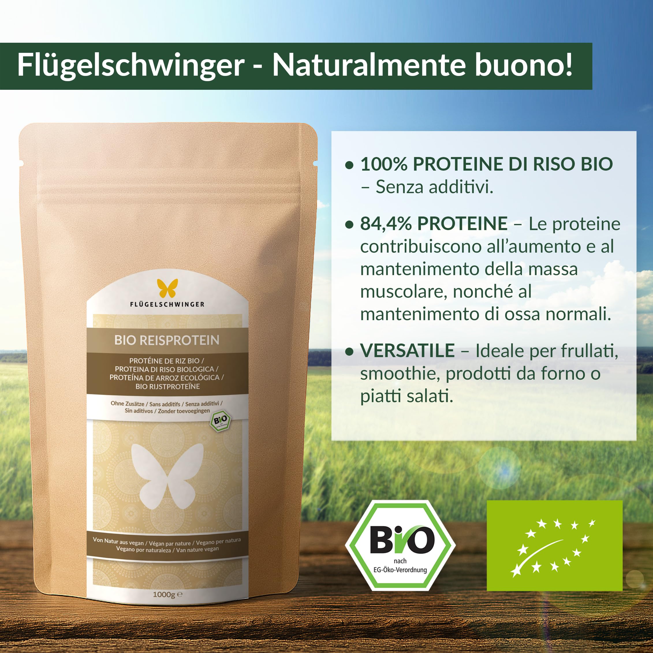 1 kg Proteine di riso BIO con 84,4% di proteine, senza additivi, naturalmente vegano, senza lattosio e senza soia (1000 g)