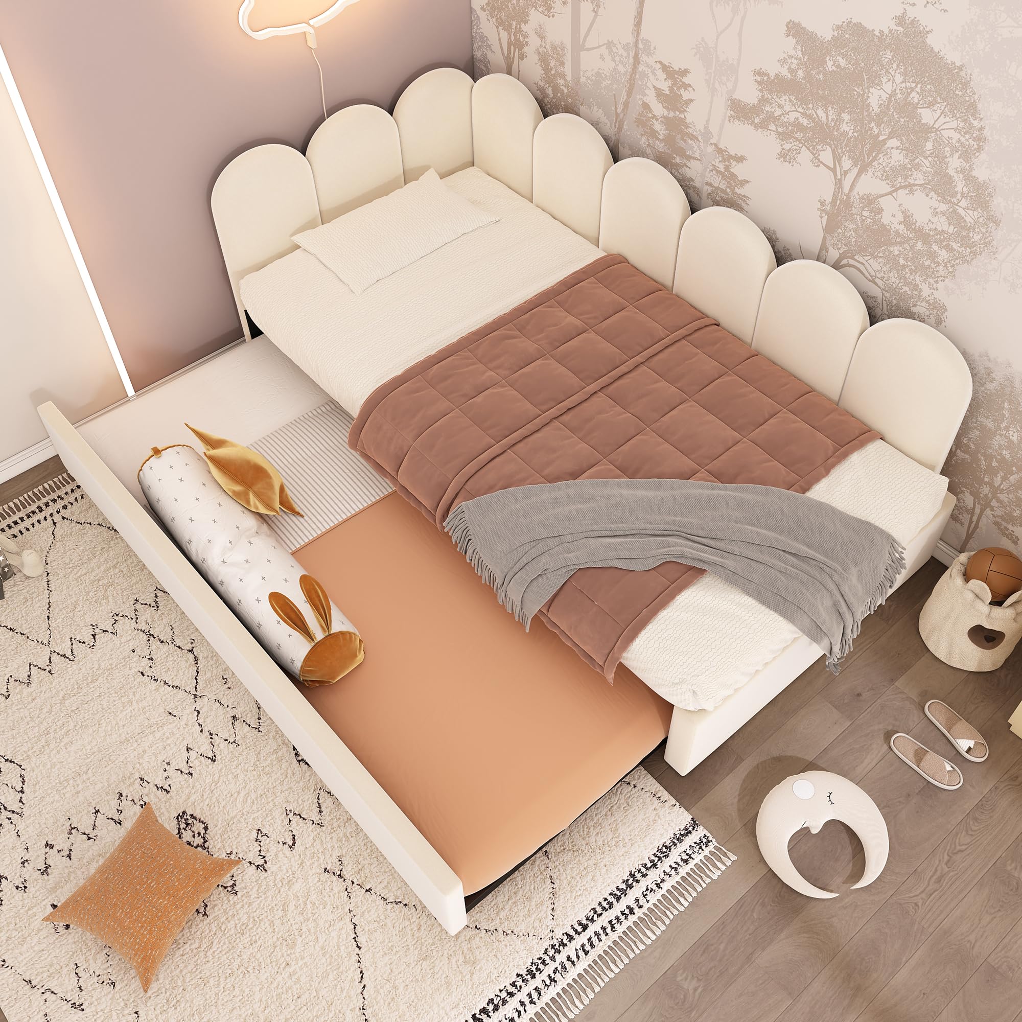Zepneiy Letto 90 x 200 cm con letto estraibile da 90 x 190 cm, divano letto con lati intercambiabili, letto imbottito con doghe, culla da 90 x 200 cm, in velluto beige (senza materasso)