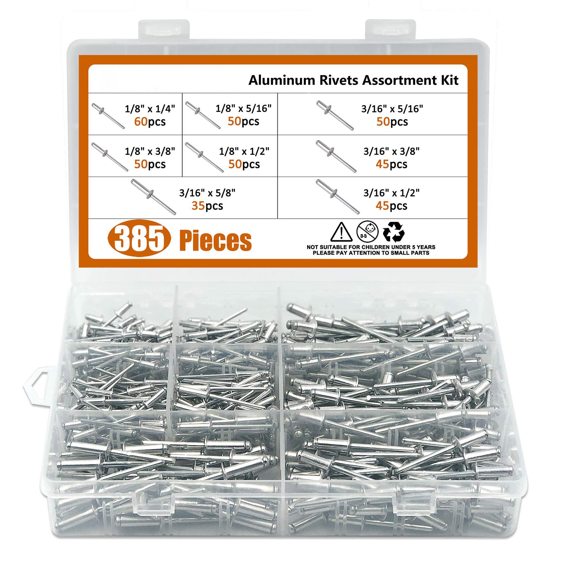 MAKINGTEC 385pcs Aluminum Blind Rivets, Pop Rivets Assortment Kit, 8 Sizes Assortment (Silver)