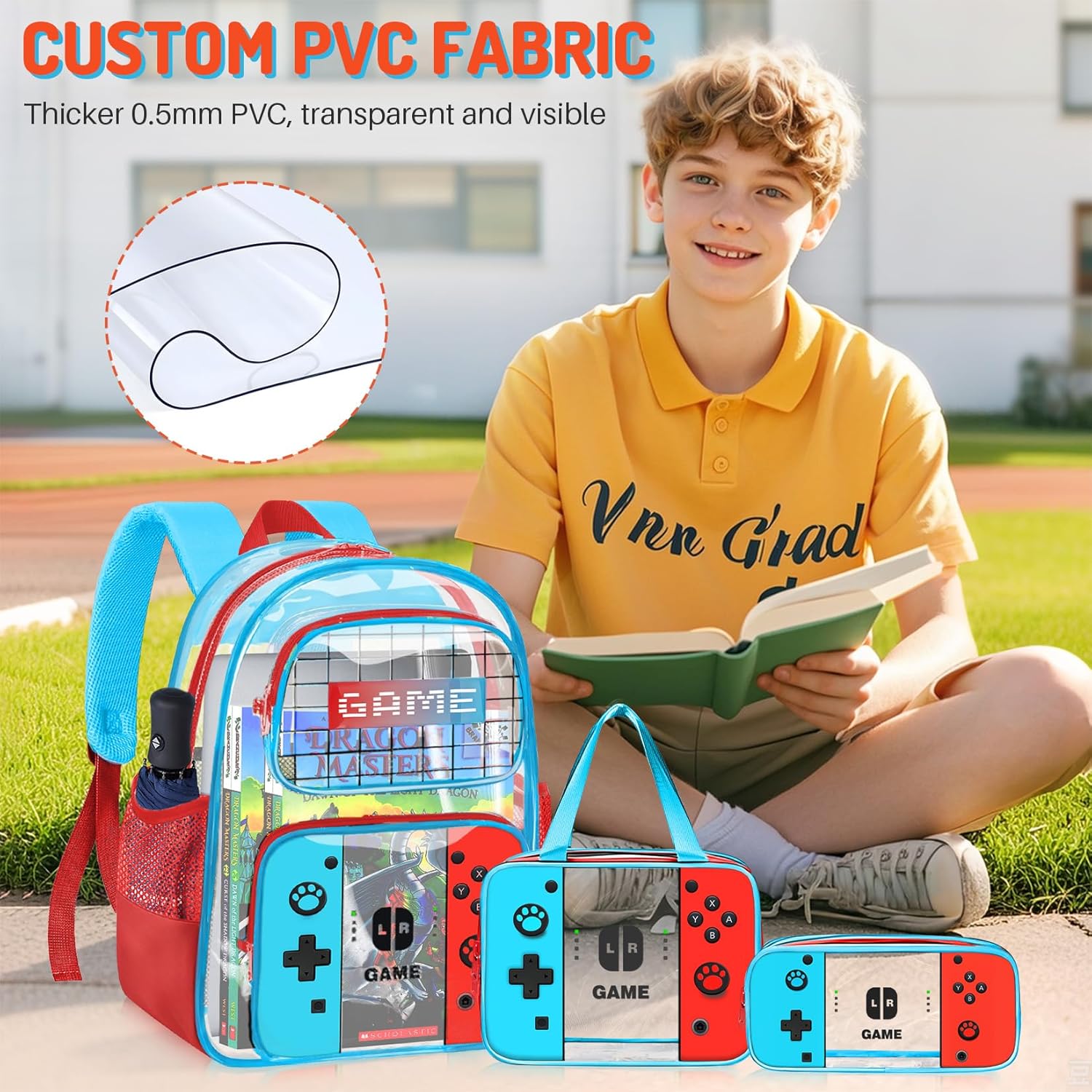 Boys Clear Backpack for School - Gamer Kids Clear Backpacks for Boys,3PCS Heavy Duty Transparent Bookbag and Lunch Box Set - See Through PVC Transparent Bookbag with Multiple Pockets - Image 6