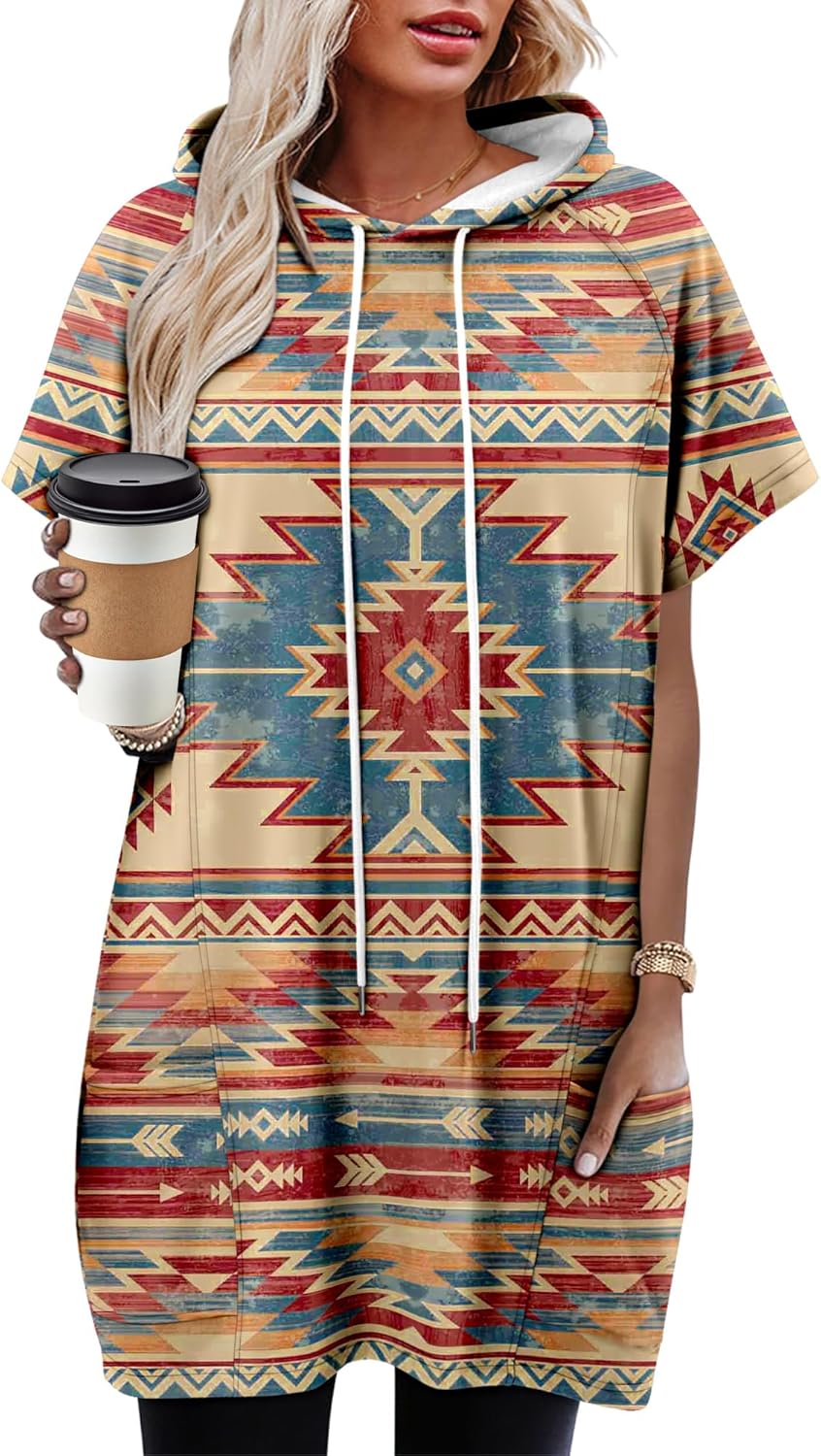 KISSMODA Long Shirts for Women Plus Size Summer Dresses 2026 Pullover Hoodies Short Sleeve Tunic Tops With Pockets