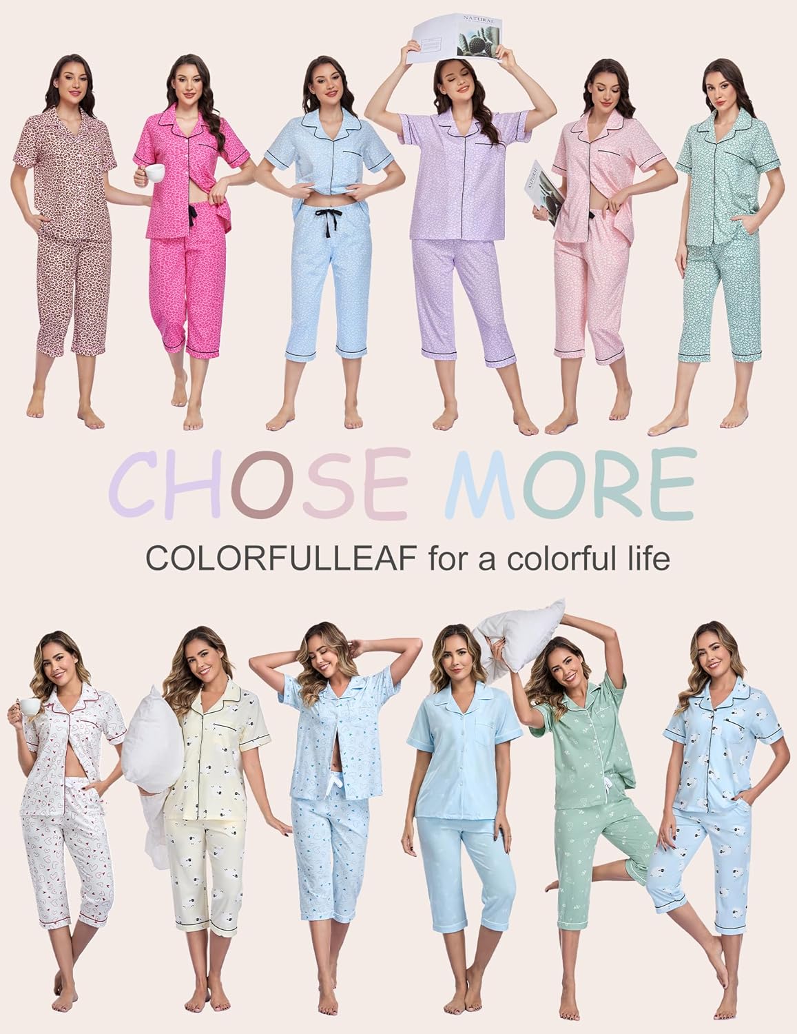 COLORFULLEAF 100% Cotton Women's Pajama Sets Short Sleeve Capri Pajamas for Women Set Button Down Pjs Soft Sleepwear Summer - Image 2