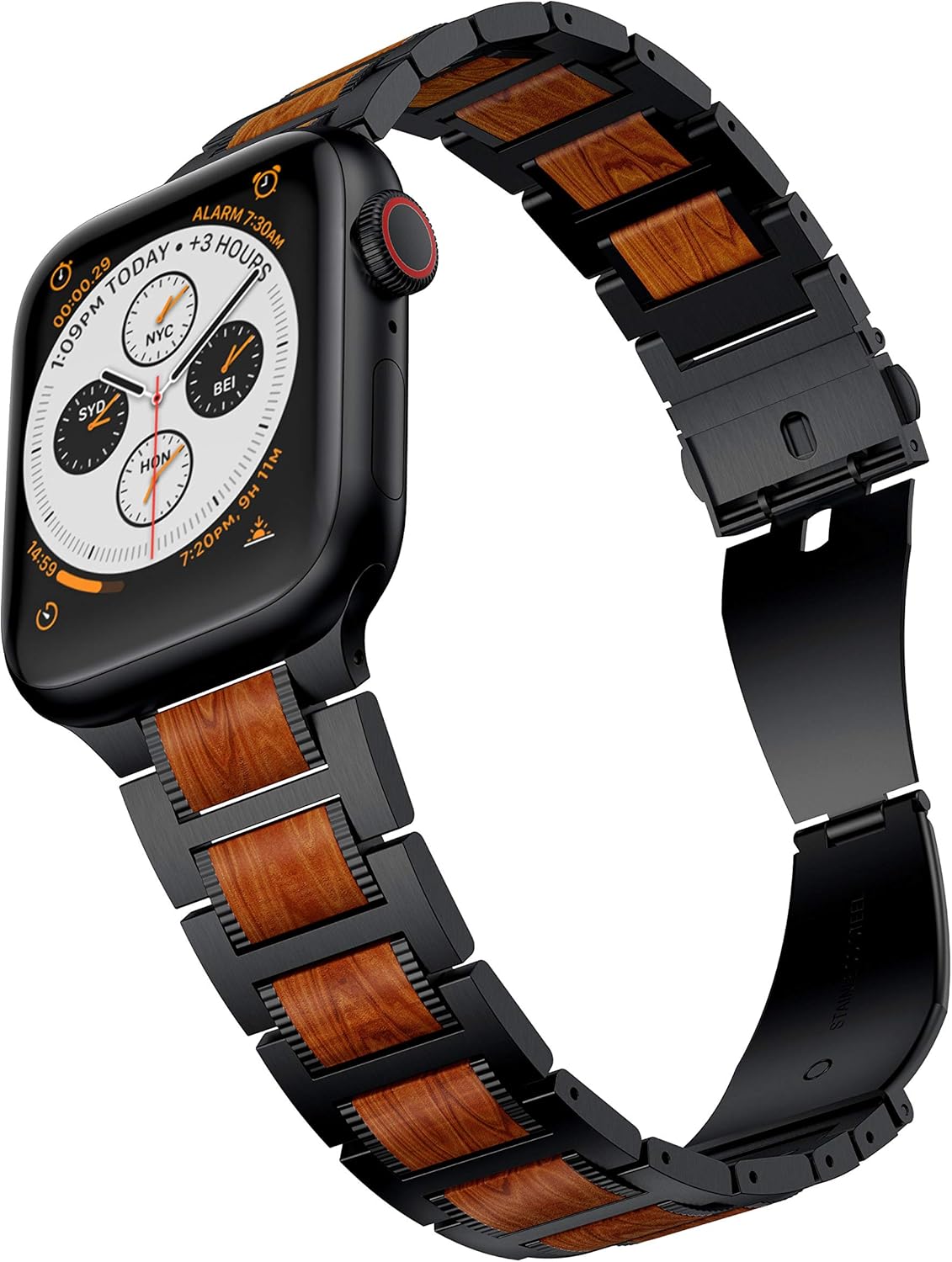 🔥 Crаzу Dеаlѕ LDFAS Compatible for Apple Watch Band 45mm 44mm 42mm, Natural Wood Red Sandalwood Stainless Steel Metal Strap for iWatch Bands Compatible for Apple Watch SE, Apple Watch Series 7/6/5/4/3, Black