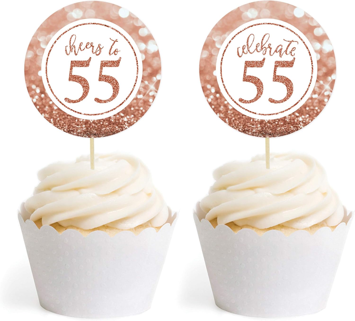 Andaz Press Glitzy Faux Rose Gold Glitter Round DIY Cupcake Toppers, Cheers to 55 Years, 55th Birthday or Anniversary, 20-Pack, Cake Dessert Party Decor