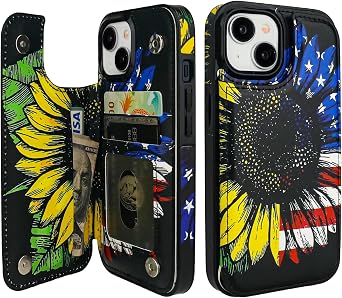 HAOPINSH for iPhone 15 Wallet Case with Card Holder, American Flag Sunflowers Pattern Back Flip Folio PU Leather Kickstand Card Slots Case for Women Girls, Double Magnetic Clasp Cover 6.1"