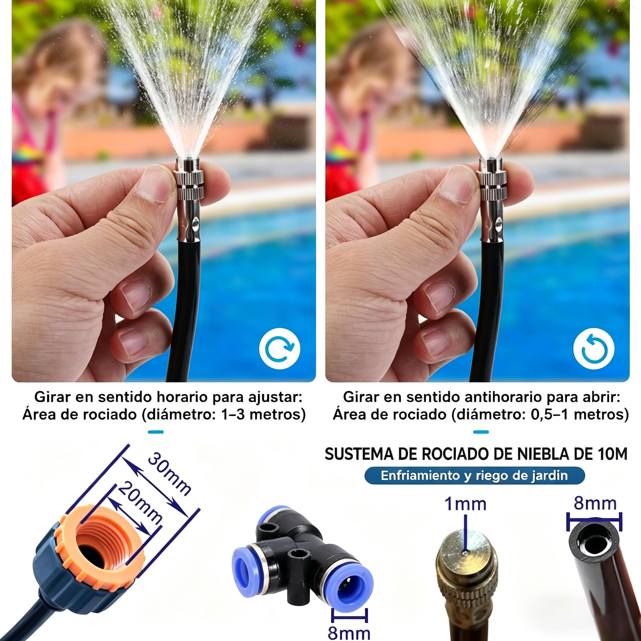 Kit Nebulizador Terraza, Nebulizador Jardin con 8mm Boquilla Ajustable +10M Línea +3/4" Adaptador, Sistema de Enfriamiento por Nebulización para Eventos al Aire Libre, Sombrillas y Techos